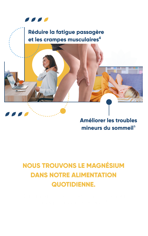infographie représentant les autres bienfaits du magnésium comme la réduction de la fatigue passagère et des crampes musculaires, l'amélioration des troubles mineurs du sommeil